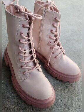 Zara Girls Lace-Up Chunky Combat Boots - Blush Pink Size Eu 34/3Y Side Zipper